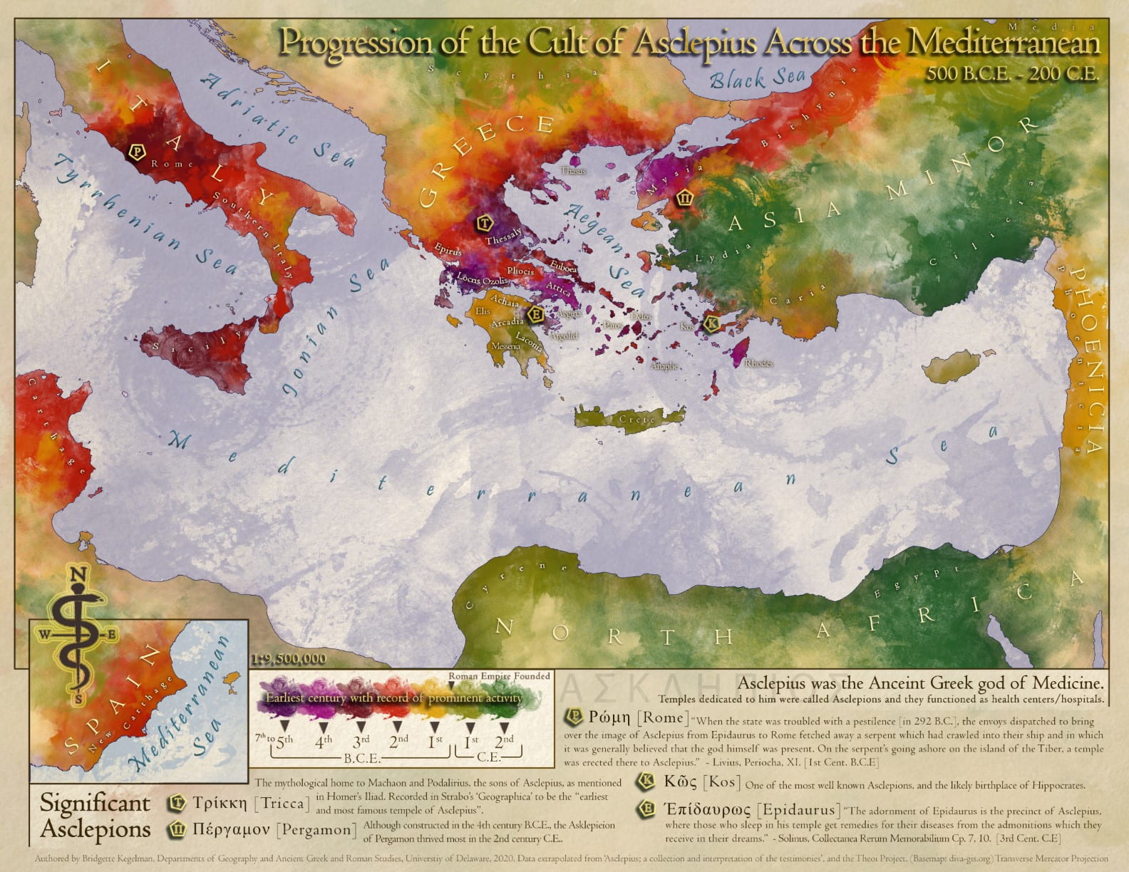 2020 Winner Map from Bridgette Kegelman - Progression of the Cult of Asclepius across the Mediterranean 500 B.C.E. – 200 C.E.